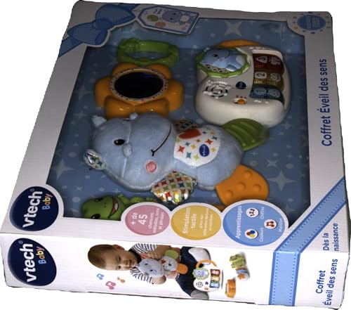 VTech - Coffret Naissance Éveil des Sens Bleu, Premiers Jouets Bébé, Doudou Hippo en Peluche, Piano Lumineux et Interactif, Hochets Grenouille et Miroir, Cadeau Nouveau-Né - Contenu en Français