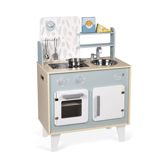 Janod - Cuisine Plume - Cuisinière en Bois pour Enfant - Avec Four, Évier en Inox, Placard, Boutons et Horloge - Cuisine en Bois Avec 5 Accessoires - De 3 à 8 Ans, J06608