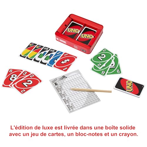 Mattel Games UNO Deluxe, Jeux De Cartes Familial pour Enfants Et Adultes, Jeu De Société pour Soirée Jeux en Famille Ou en Voyage, 2 À 10 Joueurs, Jouet pour Enfant de 7 Ans et Plus, K0888
