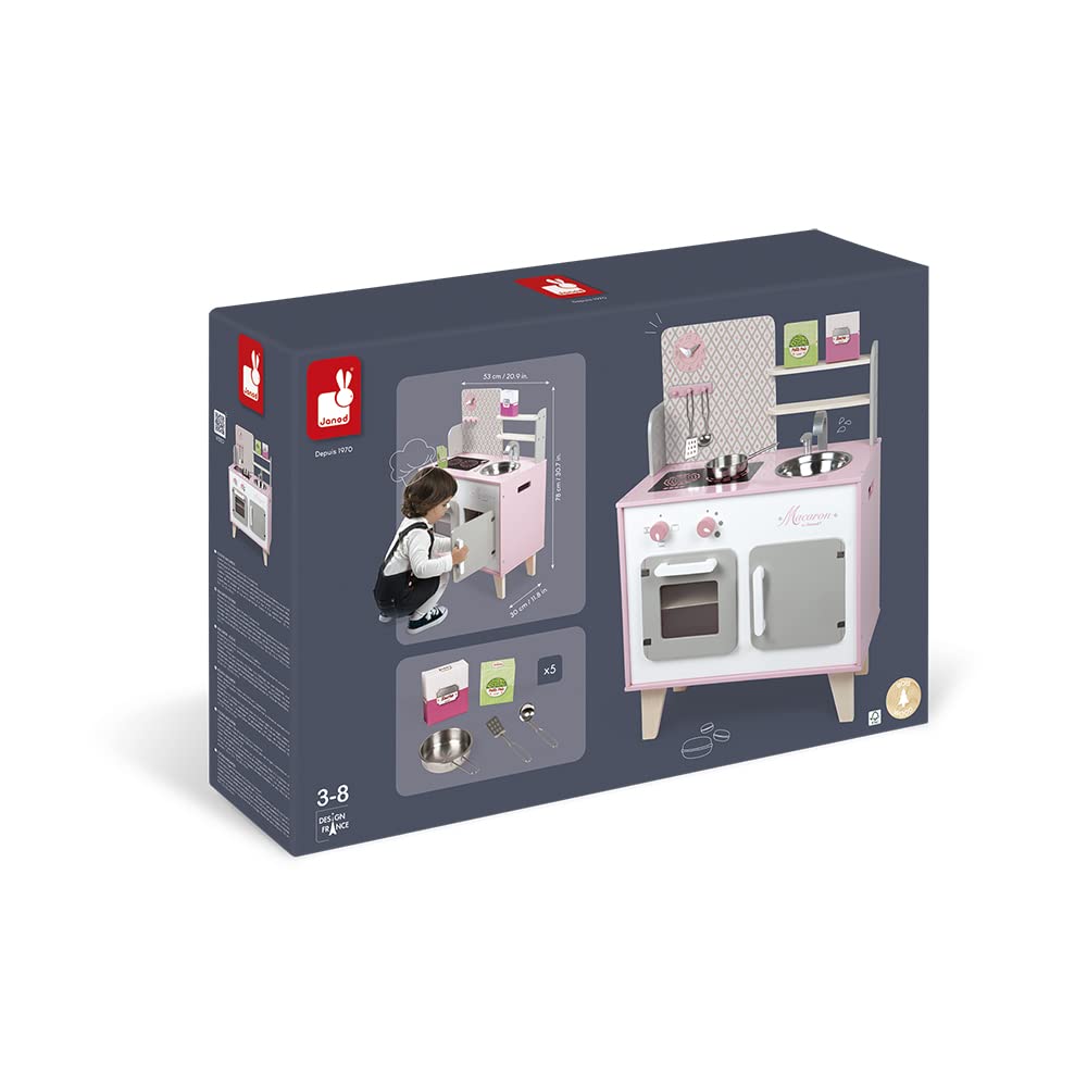 Janod - Cuisine Enfant en Bois Macaron - Équipée avec Frigo et Four Micro Ondes - Avec Bruitage - Imitation et Eveil - 5 Accessoires Inclus - Dès 3 ans, J06567, Rose et Blanc