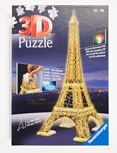 Ravensburger - Puzzle 3D Building - Tour Eiffel illuminée - A partir de 10 ans - 226 pièces numérotées à assembler sans colle - Accessoires de finition inclus - 12579