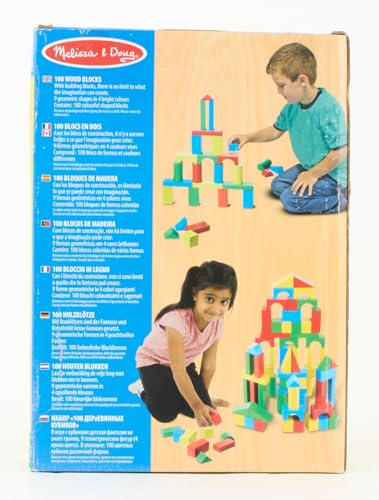 Melissa & Doug Blocs de Construction en Bois, Jouet Éducatif pour les Enfants, 100 Blocs Colorés de Formes et Tailles Différentes, Jeux d'éveil, Cadeau pour garçons et filles de 3 4 5 6 7 ans