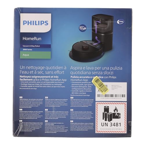 Philips Robot Aspiration/Lavage Homerun Série 3000, Haute Puissance d'aspiration (4000 Pa), Navigation Laser, Autonomie 200 Min, Station de vidage Auto, Aspirateur-Robot, App, Noir (XU3100/01)