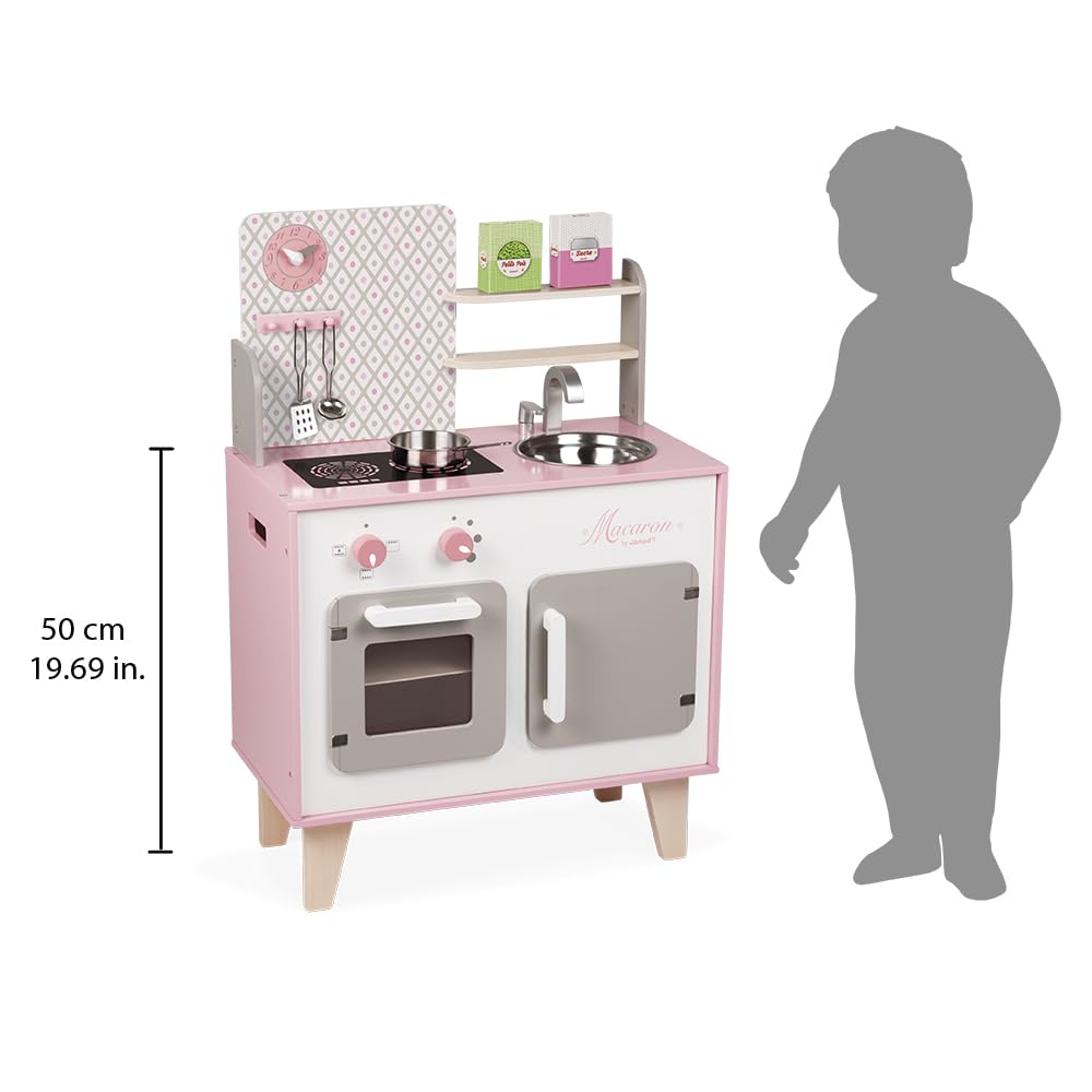 Janod - Cuisine Enfant en Bois Macaron - Équipée avec Frigo et Four Micro Ondes - Avec Bruitage - Imitation et Eveil - 5 Accessoires Inclus - Dès 3 ans, J06567, Rose et Blanc