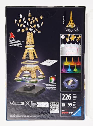 Ravensburger - Puzzle 3D Building - Tour Eiffel illuminée - A partir de 10 ans - 226 pièces numérotées à assembler sans colle - Accessoires de finition inclus - 12579