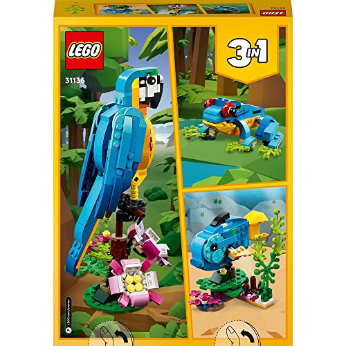 LEGO 31136 Creator 3-en-1 Le Perroquet Exotique, Jouet de Construction, Figurines Animaux de la Jungle, avec Grenouille et Poisson, Jeu Créatif pour Enfant Dès 7 Ans