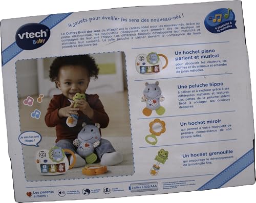 VTech - Coffret Naissance Éveil des Sens Bleu, Premiers Jouets Bébé, Doudou Hippo en Peluche, Piano Lumineux et Interactif, Hochets Grenouille et Miroir, Cadeau Nouveau-Né - Contenu en Français
