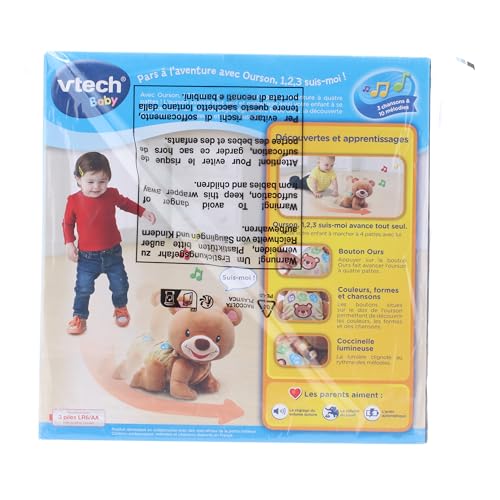 VTech - Ourson, 1,2,3 Suis-Moi, Ours Brun en Peluche Qui Marche à 4 Pattes, Motricité Bébé, Jouet Interactif et Musical, Cadeau Bébé Dès 9 Mois - Contenu en Français