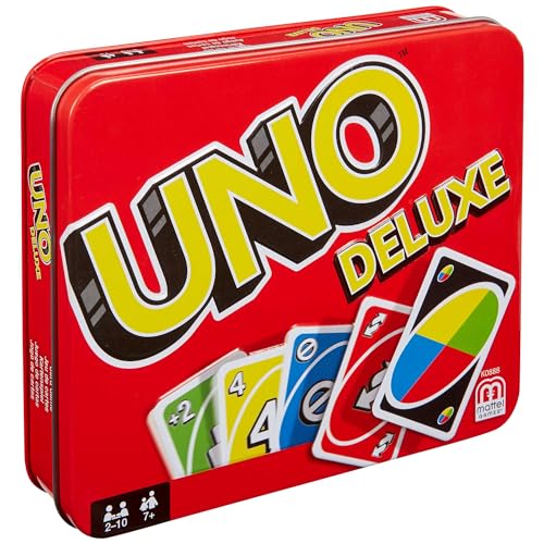 Mattel Games UNO Deluxe, Jeux De Cartes Familial pour Enfants Et Adultes, Jeu De Société pour Soirée Jeux en Famille Ou en Voyage, 2 À 10 Joueurs, Jouet pour Enfant de 7 Ans et Plus, K0888