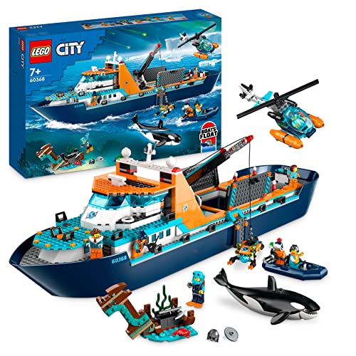 LEGO City Le Navire d’Exploration Arctique - Grand Jouet de Construction Enfant avec Bateau Flottant - Hélicoptère, sous-Marin, Épave de Viking, 7 Minifigurines - Cadeau pour Garçons et Filles 60368
