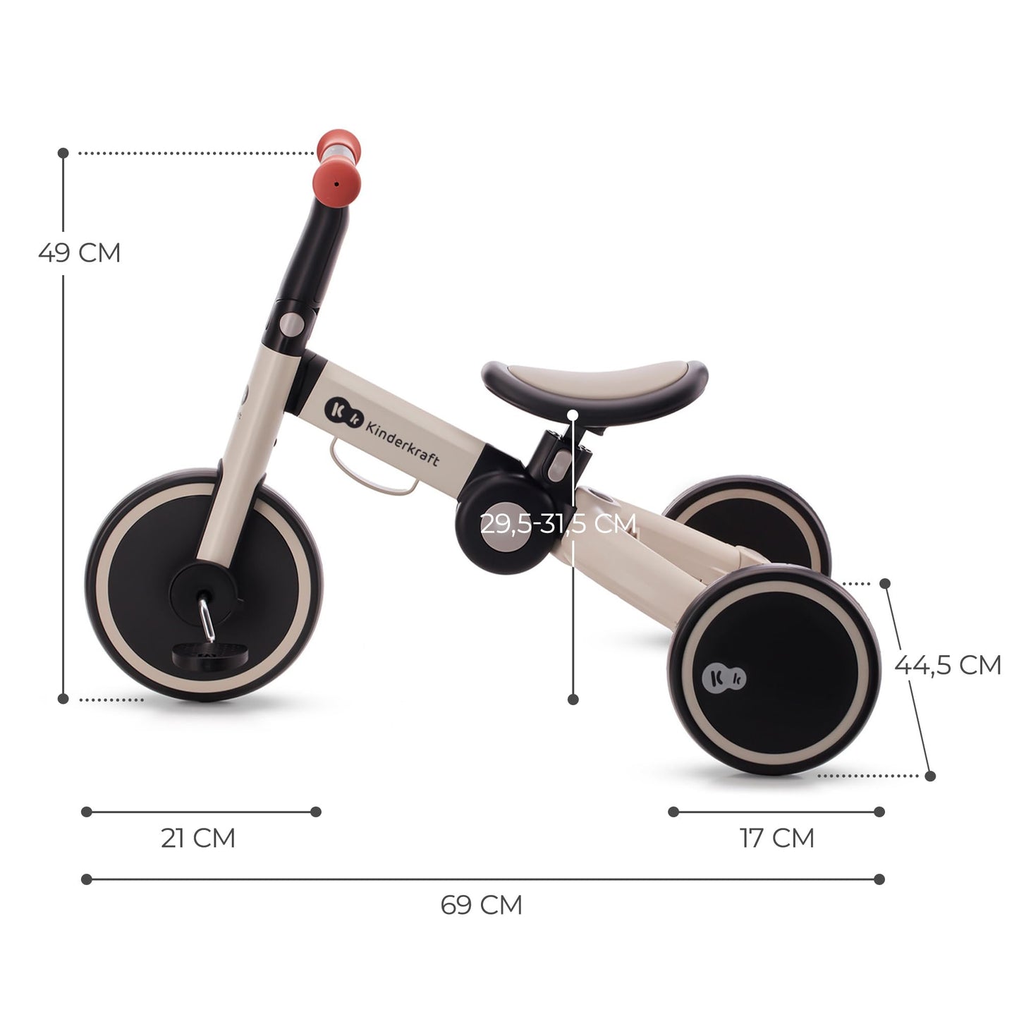 Kinderkraft 4TRIKE Tricycle 3en1, Tricycle pliable, Vélo sans Pédales, Vélo Bébé, Mini Draisienne, Trotteur, Selle réglable, Trois Roues, De 12 mois à environ 5 ans, 25kg, Gris