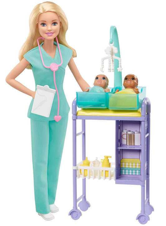 Barbie Métiers Coffret poupée Pédiatre Blonde avec Cabinet médical, Deux bébés et Accessoires, Jouet pour Enfant, GKH23
