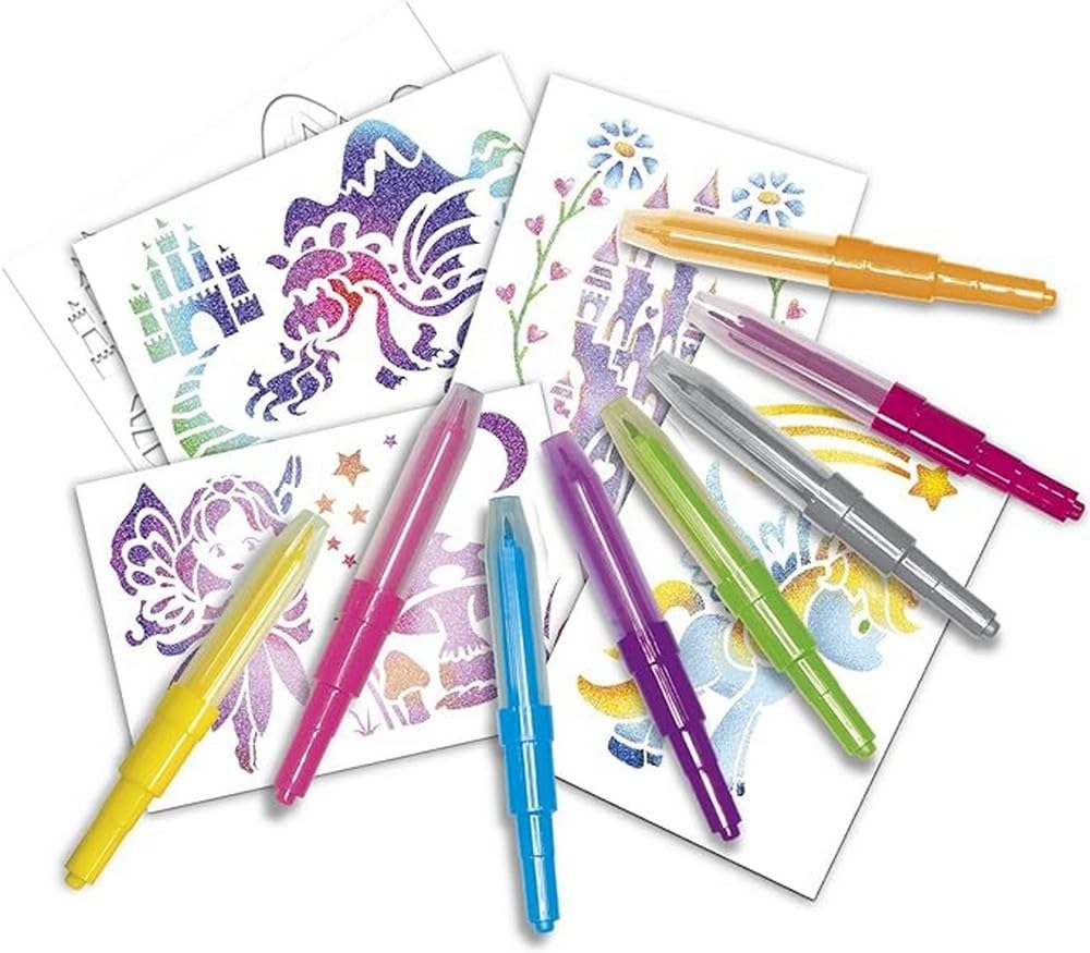 BLOPENS - Set Activités Féeriques - Feutres de Coloriage À Souffler Avec Pochoirs Réutilisables - Idée Cadeau Enfants dès 5 Ans - Kit Création Dessins Fées, Licornes & Sirènes Pailletées - Lansay
