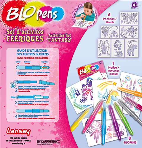 BLOPENS - Set Activités Féeriques - Feutres de Coloriage À Souffler Avec Pochoirs Réutilisables - Idée Cadeau Enfants dès 5 Ans - Kit Création Dessins Fées, Licornes & Sirènes Pailletées - Lansay