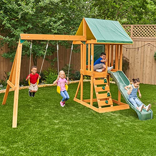 KidKraft Appleton Aire de Jeux en Bois avec Toboggan d'Extérieur, Balançoire, Mur d'escalade et Bac à Sable pour Enfants, F24148E, Exclusivité sur Amazon