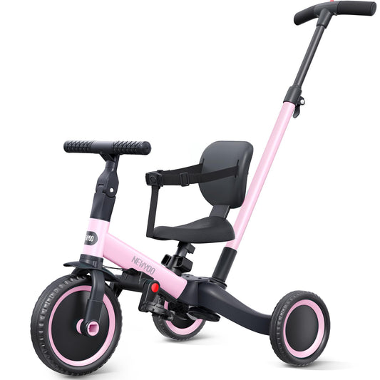 newyoo Tricycle 5 en 1, pour enfants de 1 à 3 ans; avec barre de direction, pédales amovibles, siège réglable (rose)