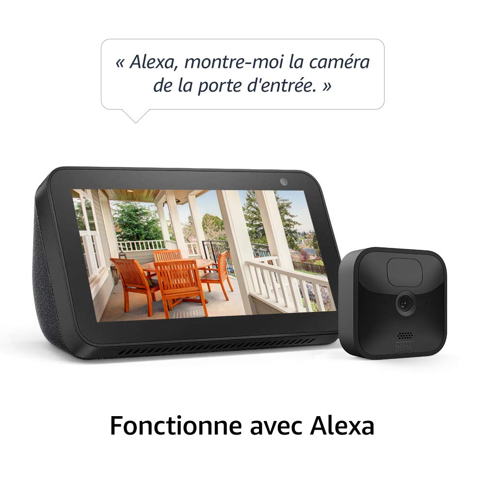 Blink Outdoor, Caméra de surveillance HD sans fil, résistante aux intempéries, Kit 3 caméra + Blink Mini, Caméra d'intérieur connectée compacte à brancher, fonctionne avec Alexa