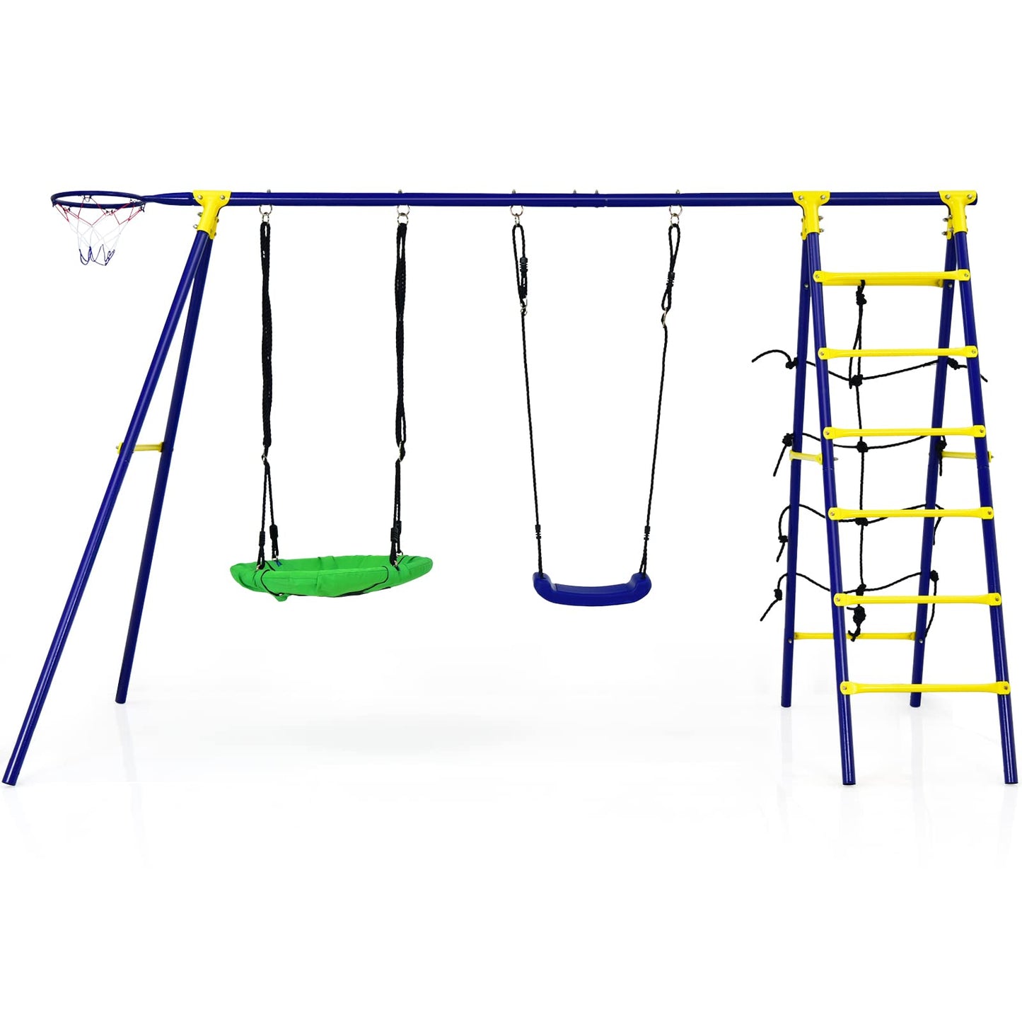 COSTWAY 5 en 1 Balançoire Enfants Extérieur avec Panier de Basket, Balançoire Nid d'Oiseau Ø66 cm et en U avec Hauteur Réglable, Filet & Echelle d’Escalade, Charge 75kg pour 3-12 Ans