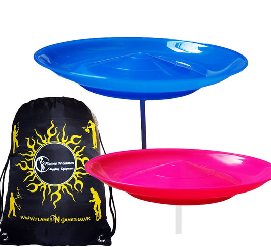 Lot de 2 plaques de tournage Juggle Dream (bleu/rose) classiques + 2 bâtons + sac de voyage Flames N Games. Très amusant pour les enfants et les adultes.