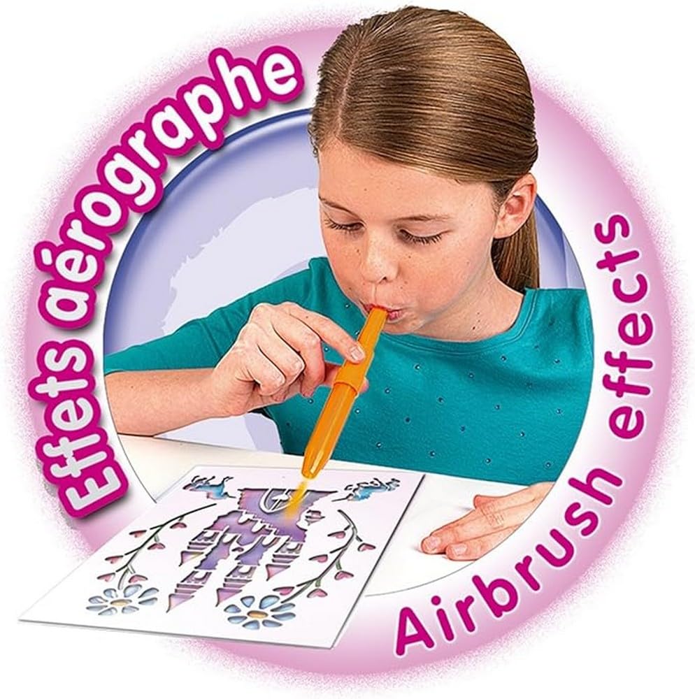 BLOPENS - Set Activités Féeriques - Feutres de Coloriage À Souffler Avec Pochoirs Réutilisables - Idée Cadeau Enfants dès 5 Ans - Kit Création Dessins Fées, Licornes & Sirènes Pailletées - Lansay