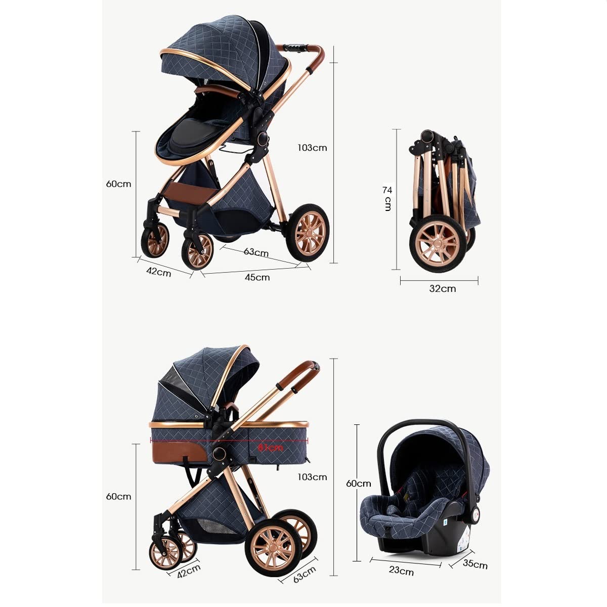 Poussette 3 en 1, Poussettes Citadines Avec Siège Auto, Poussette - Cadre en Aluminium