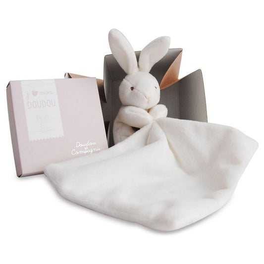 Doudou et Compagnie - Doudou Lapin Mouchoir - Boîte en Forme de Fleur - Blanc - 10 Cm - Idée Cadeau de Naissance Fille et Garçon - Garantie Doudou Perdu - 303