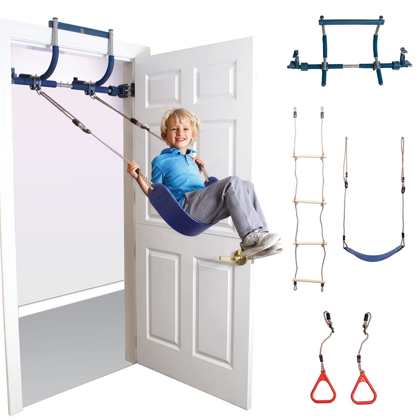 Gym1 – Salle de Sport intérieure de Luxe pour Aire de Jeux pour Enfants, balançoire de Porte Bleue pour Enfants, Anneaux en Plastique, échelle d'escalade et Barre de Traction 4 pièces