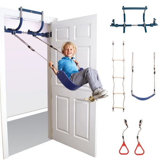 Gym1 – Salle de Sport intérieure de Luxe pour Aire de Jeux pour Enfants, balançoire de Porte Bleue pour Enfants, Anneaux en Plastique, échelle d'escalade et Barre de Traction 4 pièces
