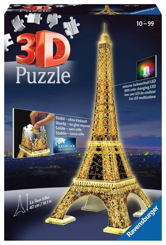 Ravensburger - Puzzle 3D Building - Tour Eiffel illuminée - A partir de 10 ans - 226 pièces numérotées à assembler sans colle - Accessoires de finition inclus - 12579