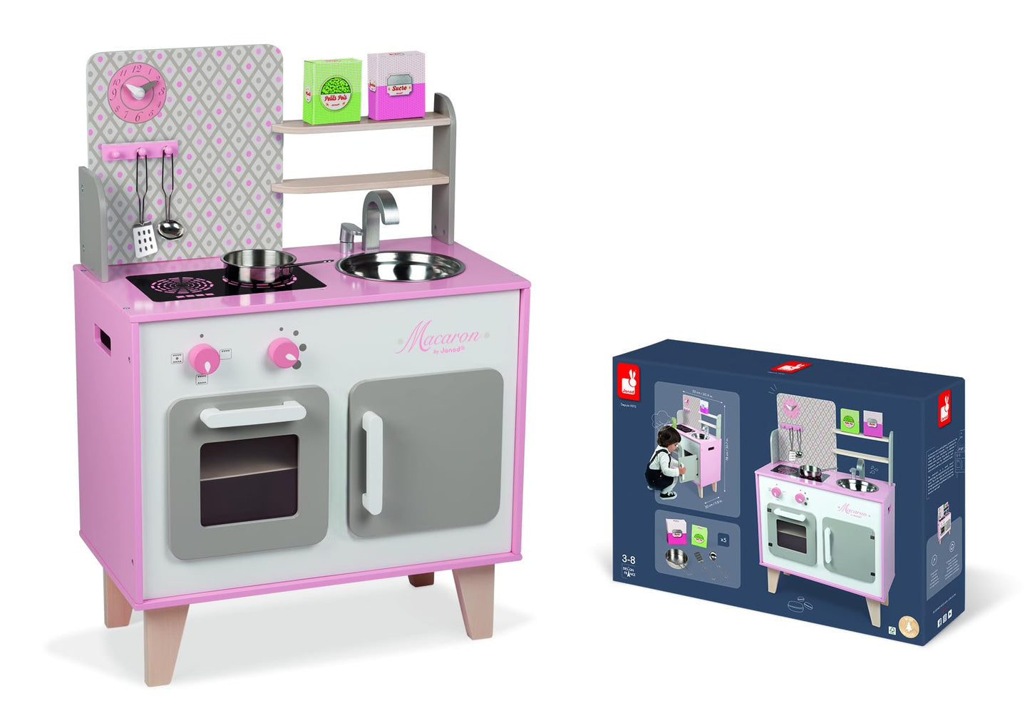 Janod - Cuisine Enfant en Bois Macaron - Équipée avec Frigo et Four Micro Ondes - Avec Bruitage - Imitation et Eveil - 5 Accessoires Inclus - Dès 3 ans, J06567, Rose et Blanc