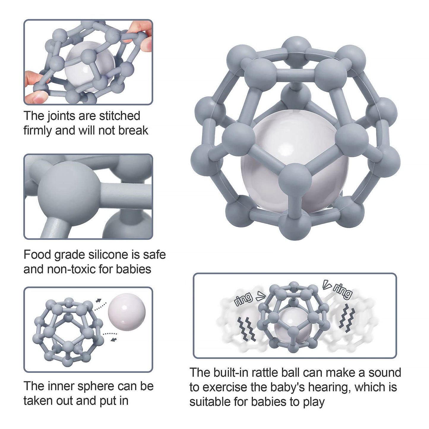 Balles sensorielles pour bébé, Balle à Main Tactile pour bébé, Balle à saisir pour Enfants, Jouet sensoriel pour bébé, Dentition et Balle de Jeu à saisir pour améliorer l'expérience visuelle (gris)