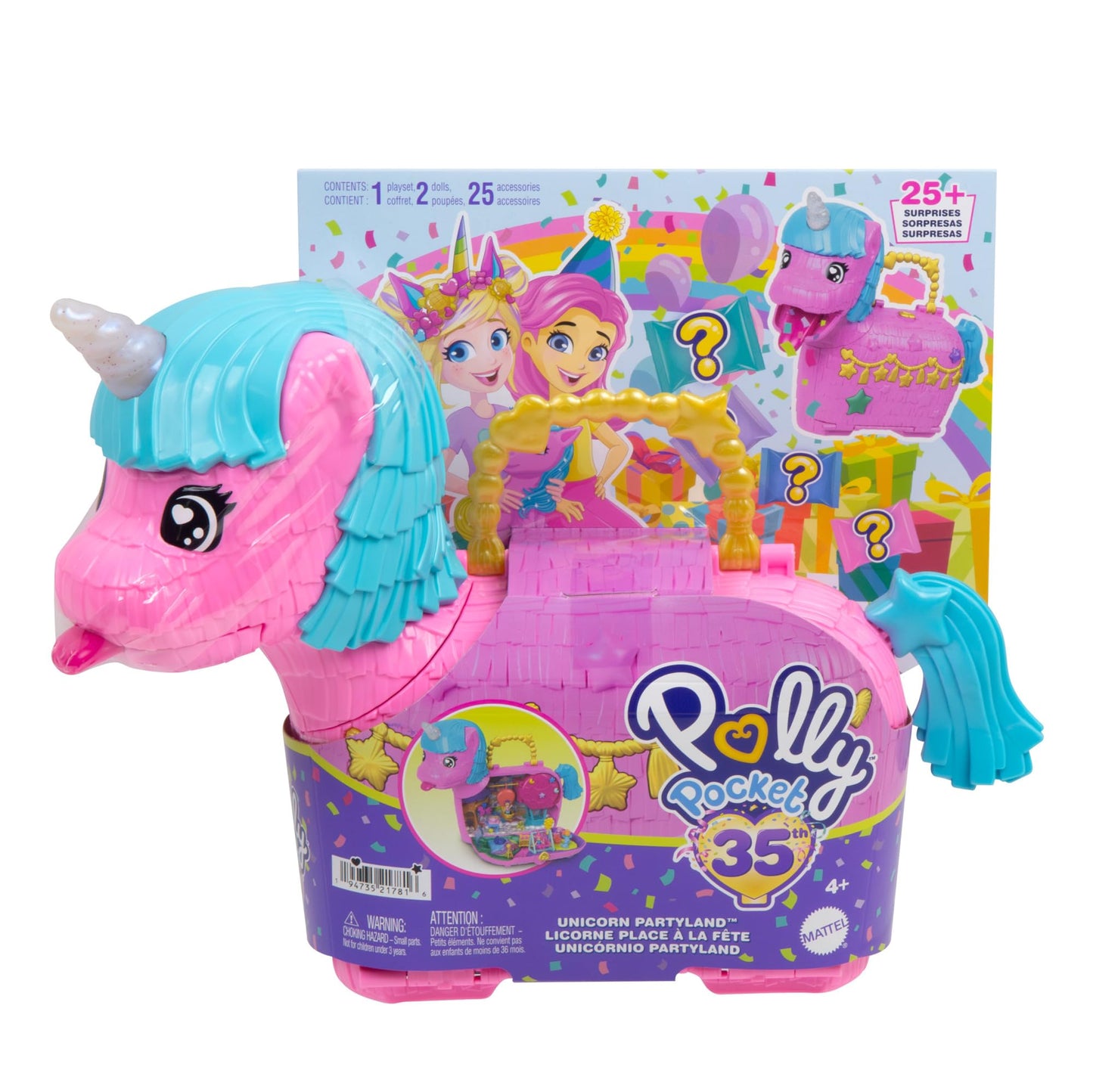 Polly Pocket Les licornes font la fête Coffret et poupées avec animaux de compagnie et plus de 25 accessoires surprises, ballade en montgolfière, HYD96
