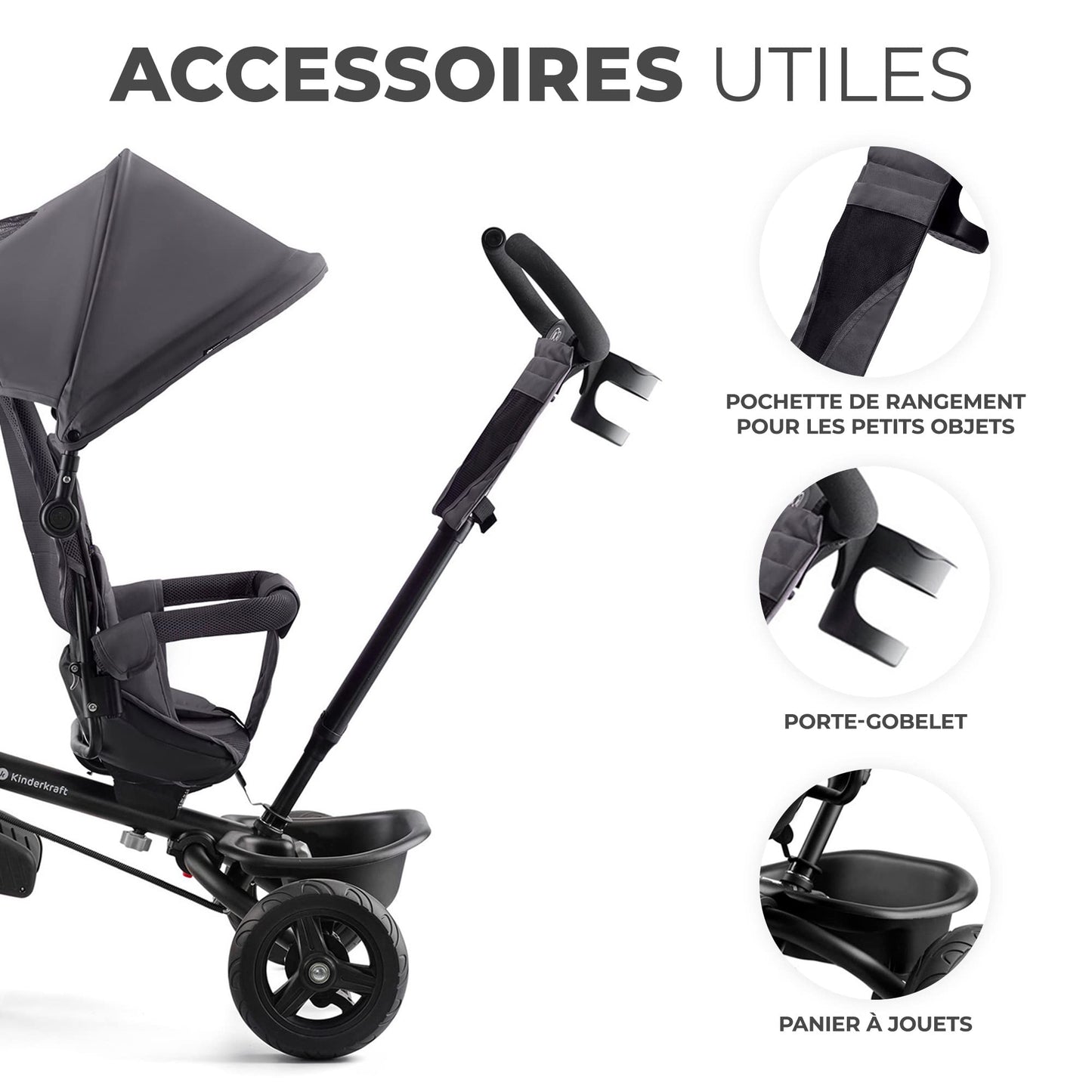 Kinderkraft AVEO Tricycle Bébé Évolutif, Draisienne Évolutif, Trike Bebe, Velo Poussette Bebe Évolutif, Velo Enfant 5 Ans, De 9 Mois, Pliable, Facile À Plier, Accessoires Pratiques, Gris