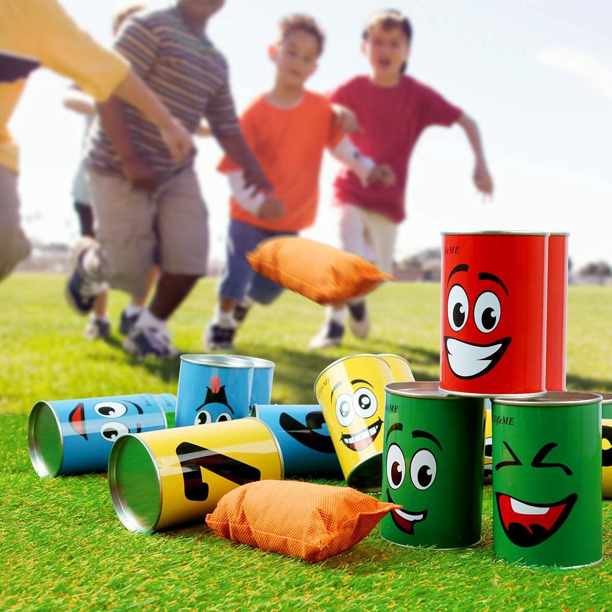 Ulifeme Chamboule Tout, Jeux de Plein Air pour Enfant et Adulte, Jeux Exterieur avec 10pcs Sourire Boite de Conserve Metal + 3pcs Sacs de Fèves, Jeux de Lancer Cadeau for Enfants Anniversaire et Fête