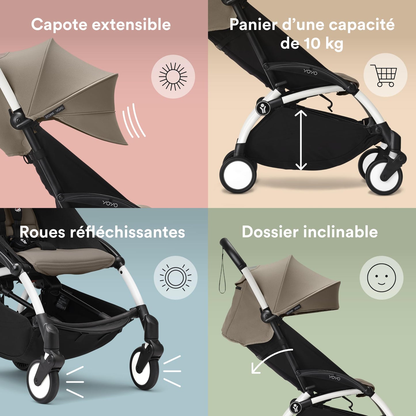 Poussette Stokke YOYO3 6+ - Cadre blanc + pack couleur 6+ taupe + capote - Pliage facile, légère et compacte - Compatible bagage cabine