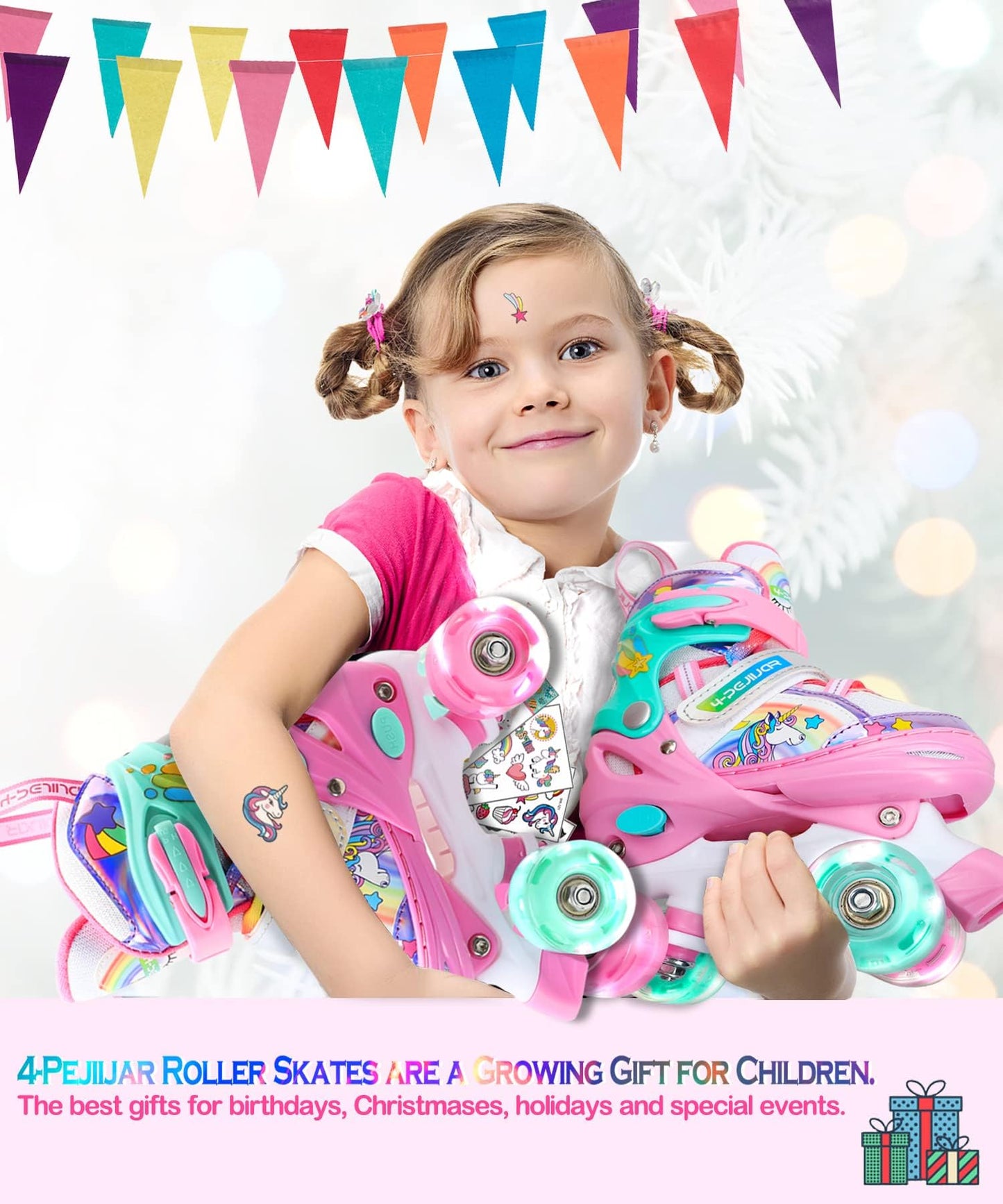 Patins à roulettes Licorne Enfants Rollers Quad Réglable Patins à roulettes Lumineux Taille Réglable pour Filles Garçons Débutants