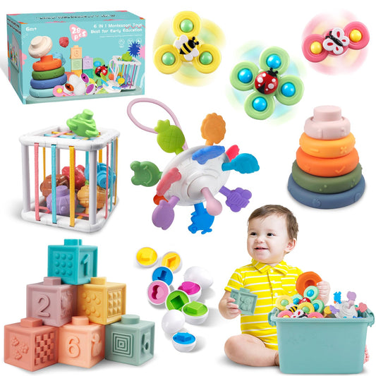 Weilim Jouets Bébés pour 6 à 12 Mois, Montessori Jeux Bébé Eveil, Jouets sensoriels, 6 en 1 avec Bebe Cube d'activité, œufs à associer, Jouet à Ventouse à Rotation (6 in 1)