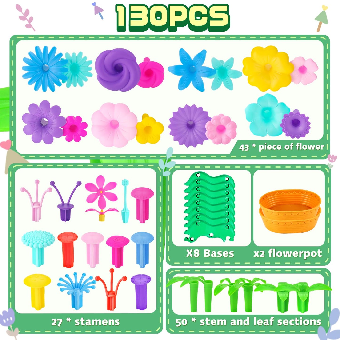 CENOVE Jouets de Construction de Jardin de Fleurs, 3 4 5 6 Ans, Ensembles de Bouquets de Bricolage pour Filles et Garçons, Blocs de Construction Créatifs pour Enfants (130 PCS)