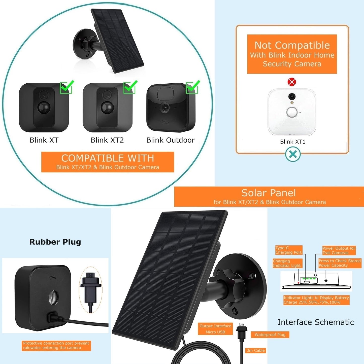 Panneau solaire pour caméra Blink d'extérieur,2W Panneau solaire pour caméra Blink d'extérieur,Caméra Blink XT2/XT&SimpliSafe(Non inclus),IP66 Blink d'extérieur(3rd Gen) avec connecteur en caoutchouc