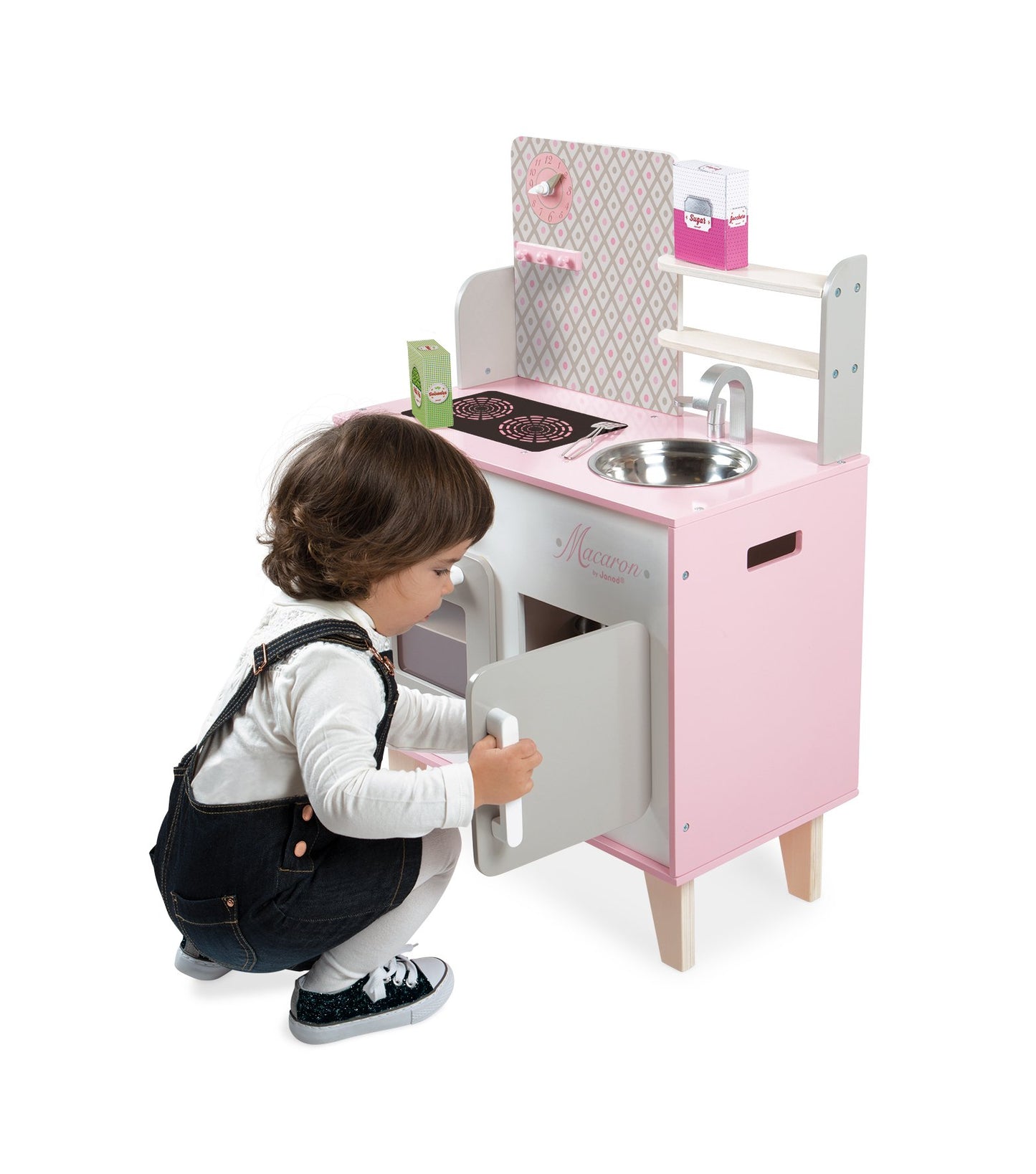 Janod - Cuisine Enfant en Bois Macaron - Équipée avec Frigo et Four Micro Ondes - Avec Bruitage - Imitation et Eveil - 5 Accessoires Inclus - Dès 3 ans, J06567, Rose et Blanc