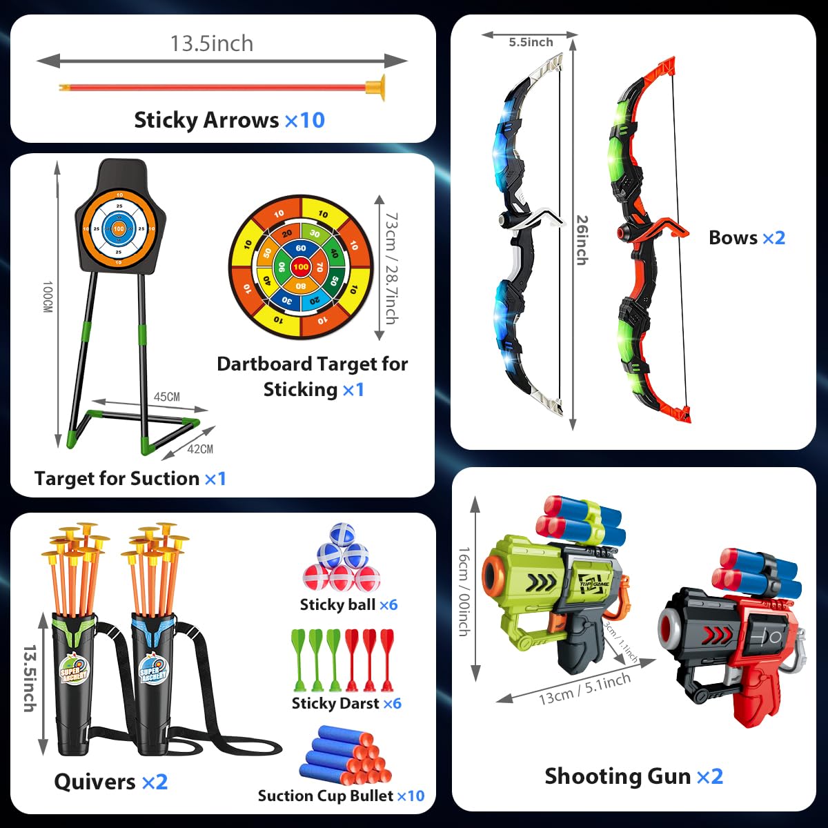 VATOS 2 Pack Arc et Flèche Jouet pour 3-12 Ans Garçons Filles, Jouet de Tir à l'arc Lumineux avec Coupe Suction Cible Debout & 29 in Dart Board, Jouets d'Activité d'Intérieur et d'Extérieur Cadeau