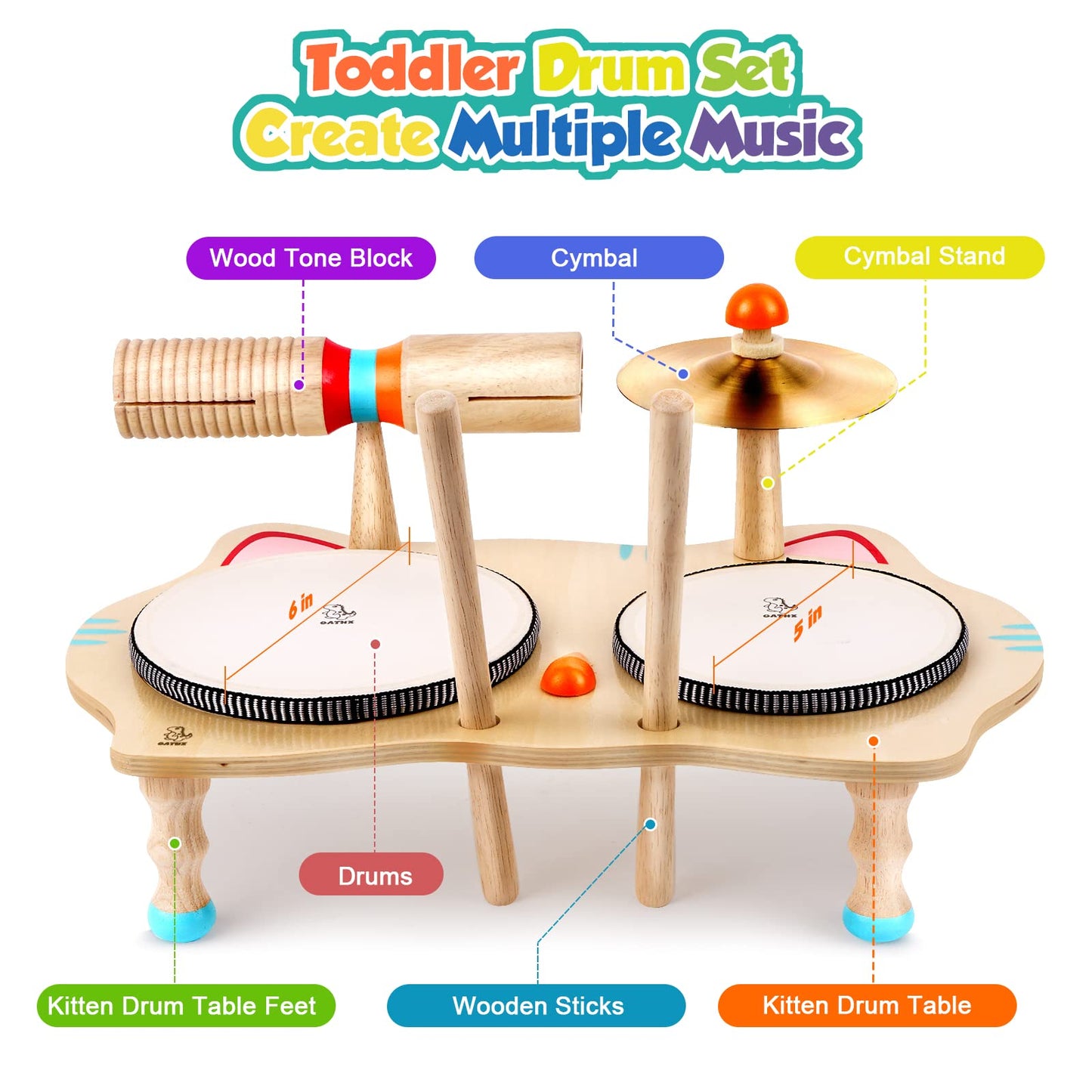 Jouet musical en bois Batterie pour enfants Instruments de musique 6 en 1 Jouets pour bébés Instruments de percussion 3-5 ans Garçons et filles Cadeau d'anniversaire Jouets d'apprentissage pour enfant
