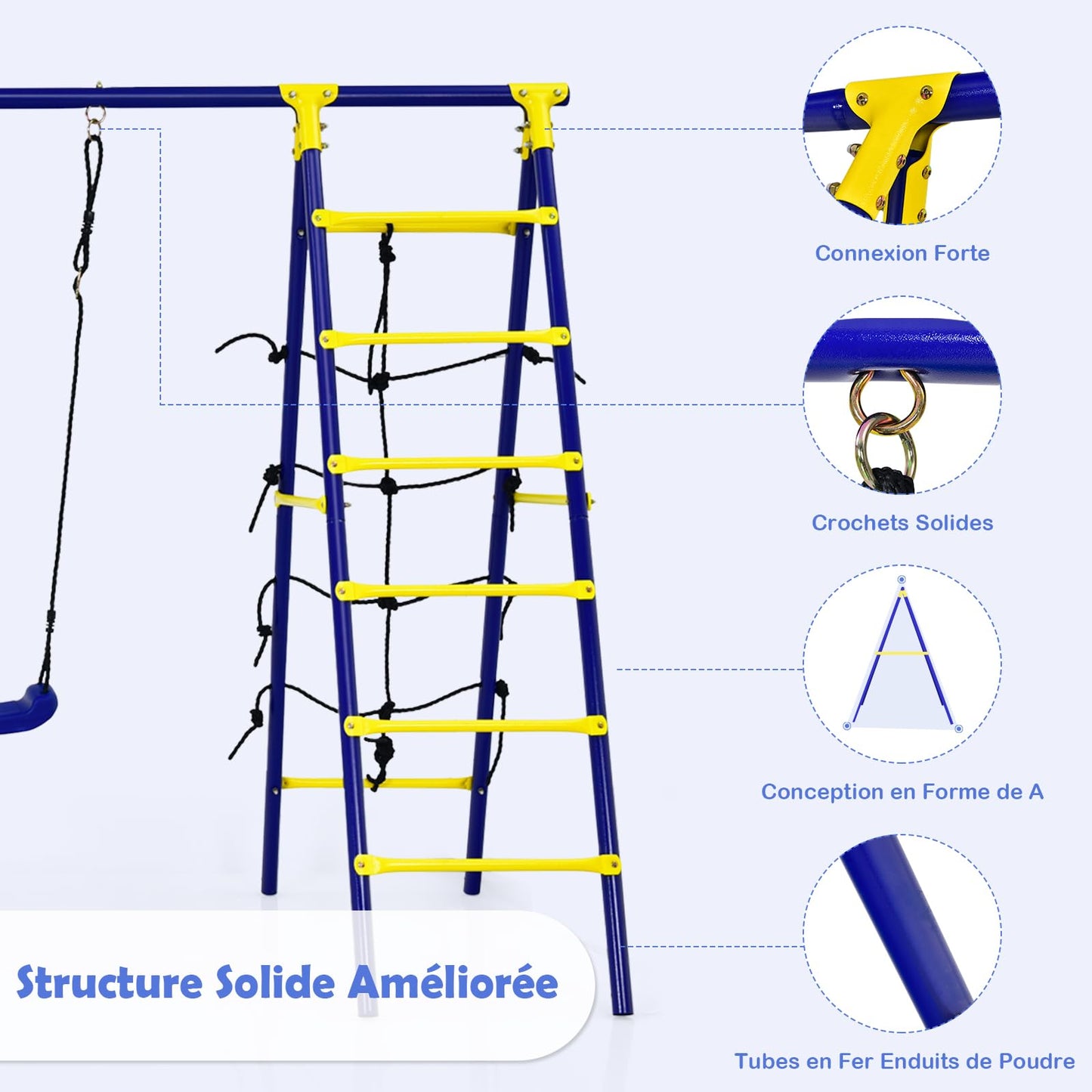COSTWAY 5 en 1 Balançoire Enfants Extérieur avec Panier de Basket, Balançoire Nid d'Oiseau Ø66 cm et en U avec Hauteur Réglable, Filet & Echelle d’Escalade, Charge 75kg pour 3-12 Ans