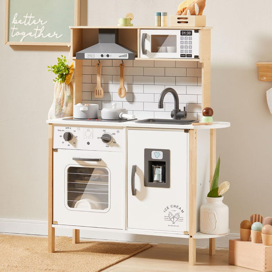 Cuisine Enfant avec 18 Accessoires pour Aliments et ustensiles de Cuisine Jouet Ensemble de Jeu en Bois pour Les Tout-Petits