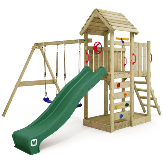 WICKEY Aire de Jeux MultiFlyer portique avec Toit en Bois & balançoire et Toboggan Vert, Tour d'escalade pour Enfants avec bac à Sable, échelle et Accessoires de Jeu pour Le Jardin.