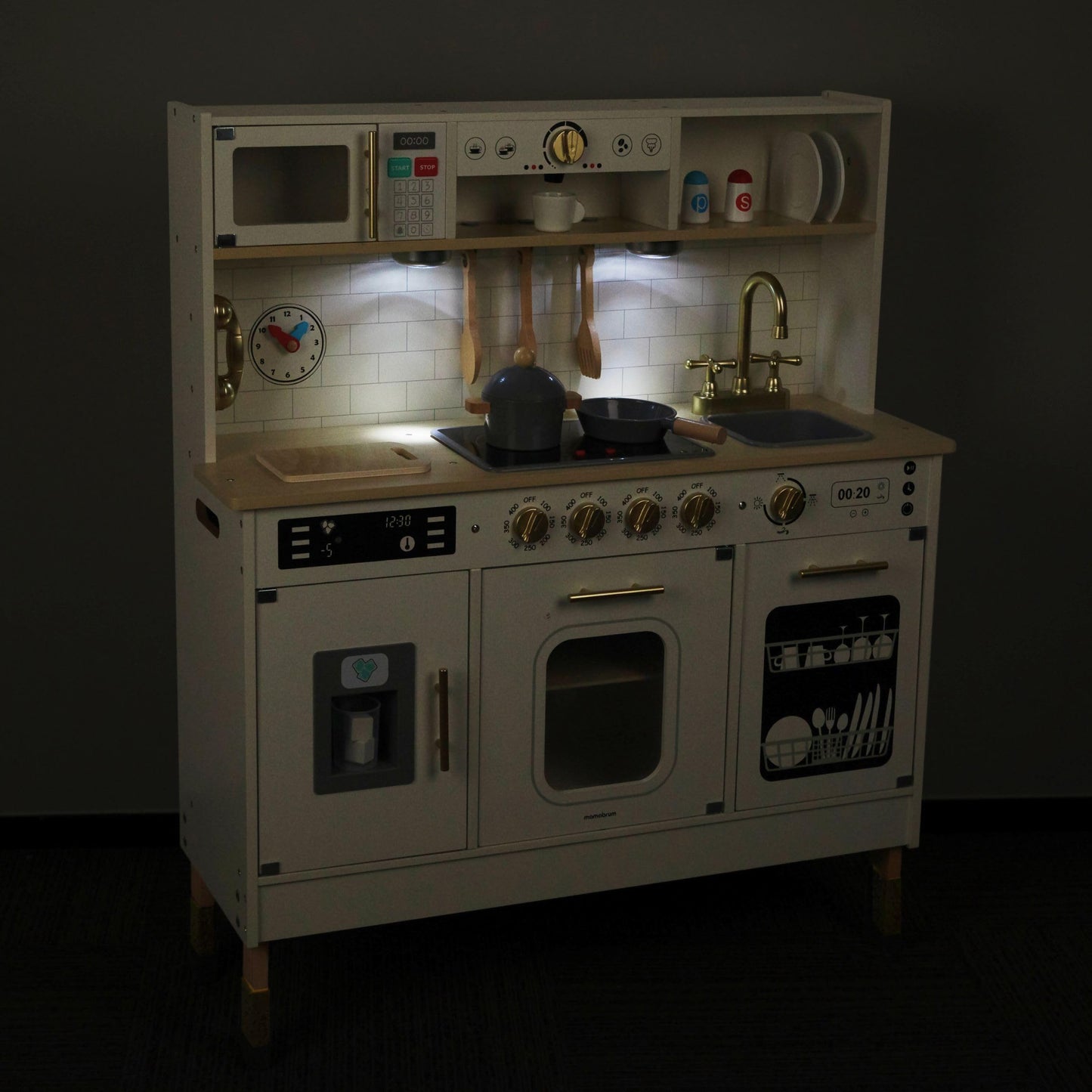Mamabrum Cuisine Enfant en Bois avec Éclairage LED, Cuisine Jouet Interactive XXL avec Micro-Ondes, Lave-Vaisselle, Machine à Café, Four, Évier, Robinet et Accessoires