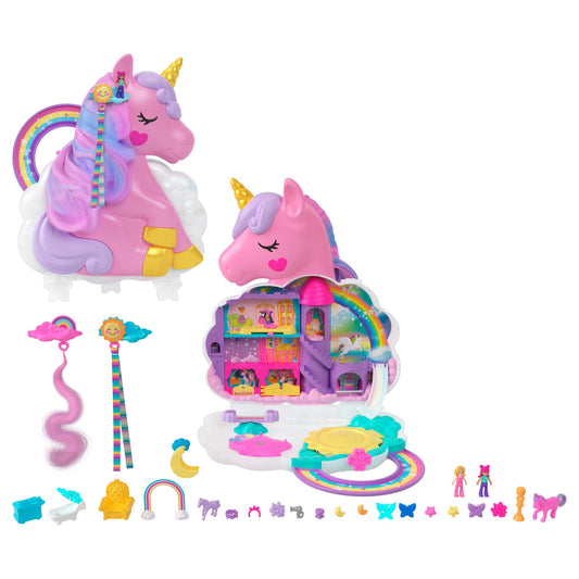 Polly Pocket Coffret 2-en-1 Salon De Coiffure Licorne Arc-en-Ciel avec Tête À Coiffer, Comprend 2 Figurines, Plus 25 Accessoires Et Éléments Mobiles, Jouet pour Enfant de 4 Ans et Plus, HMX18