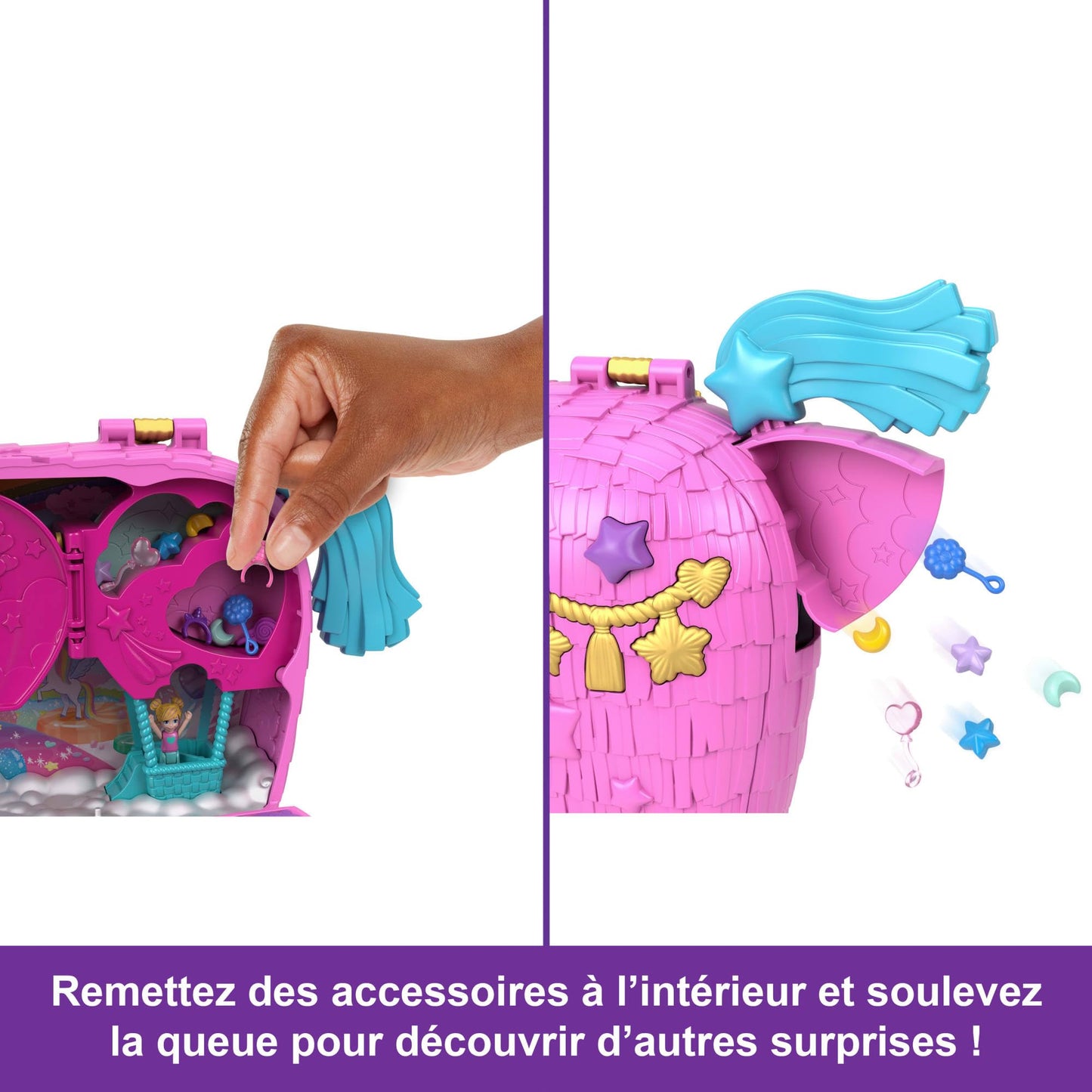 Polly Pocket Les licornes font la fête Coffret et poupées avec animaux de compagnie et plus de 25 accessoires surprises, ballade en montgolfière, HYD96