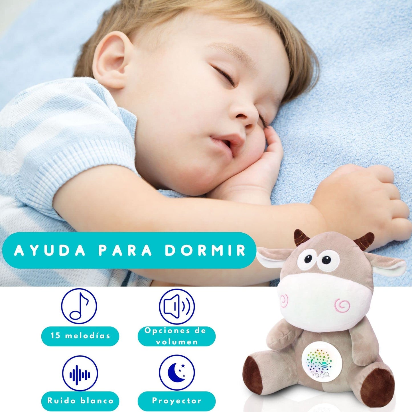 HuBorns - Peluche Bruit Blanc Bebe et Veilleuse Bébé Musicale et Lumineuse, Jouet Bébé Projecteur avec 15 Berceuses pour Dormir, Original Cadeau Naissance Fille et Garçon, Machine Bruit Blanc