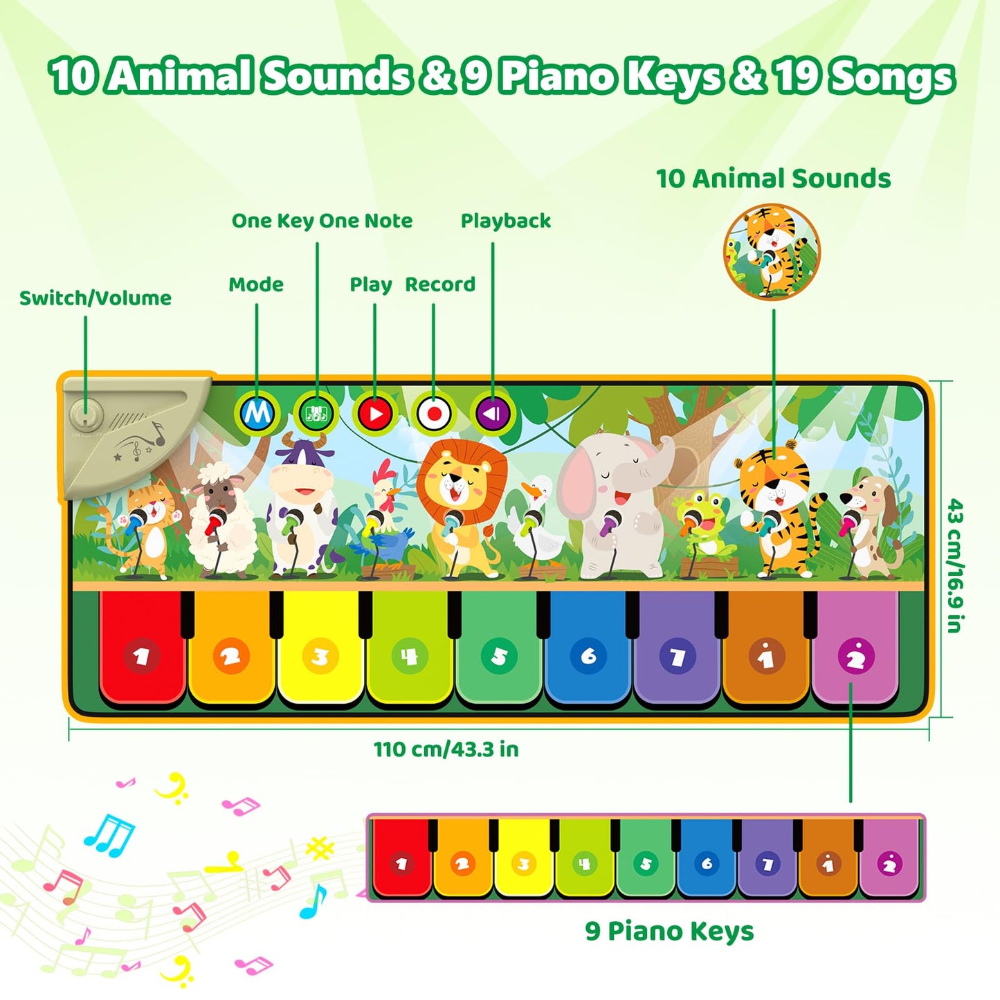 Rodzon Piano Bebe avec 10 Animaux,Jouets pour Bébés 1 2 3ans,Tapis de Danse Enfants,Cadeau d'anniversaire de Noël pour Garçons Filles 24m+, 63301